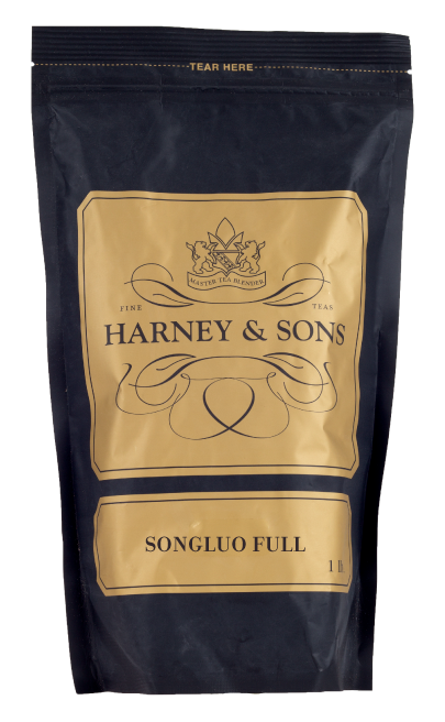 Harney & Sons Songluo Full tea packaging, featuring a black bag with gold accents and elegant branding.