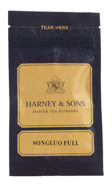 Harney & Sons Songluo Full tea packet, featuring a gold and black design with "Master Tea Blenders" label.