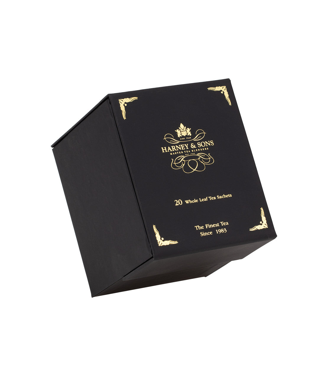 Harney & Sons Heritage Wrapped Sachet Sampler in a black box, featuring 20 whole leaf tea sachets.