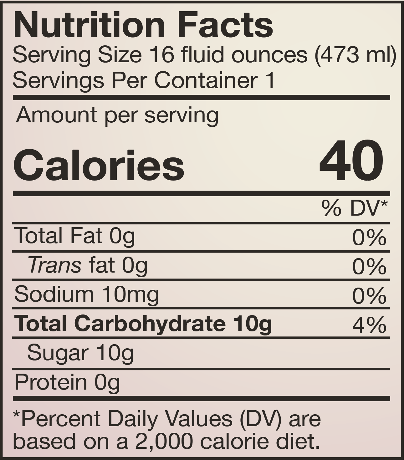 Nutrition facts for Organic Green with Coconut Iced Tea, detailing calories, fat, sodium, carbohydrates, and sugar.