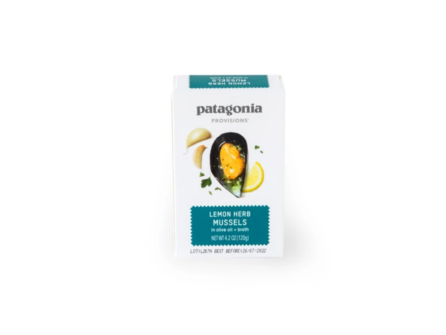 Patagonia Provisions Lemon Herb Mussels packaging featuring mussels, lemon, and herbs on a white background.