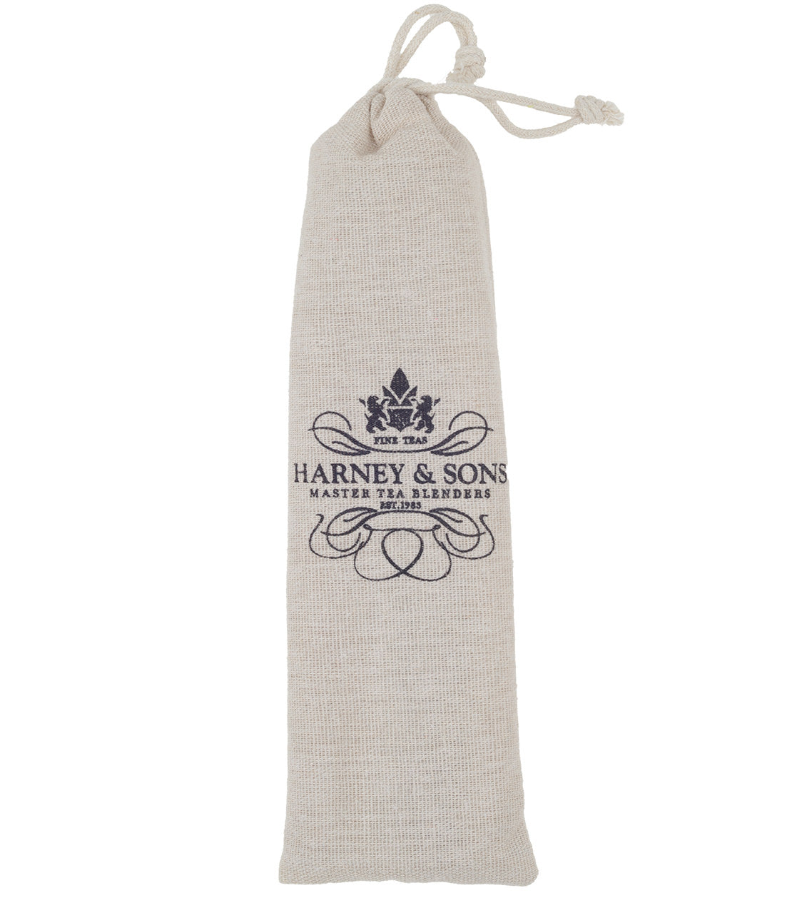 Harney & Sons reusable bubble tea straws in a natural fabric pouch with logo. Eco-friendly and stylish.
