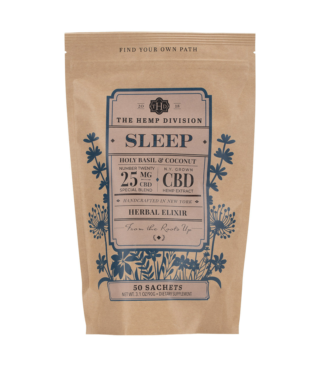 Packaging for Holy Basil & Coconut Sleep herbal elixir with 50 sachets, featuring CBD and natural ingredients.