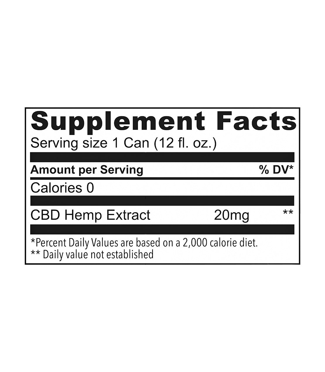 Supplement facts label for Sparkling Elixir, featuring 20 mg of CBD hemp extract per 12 fl. oz. can.