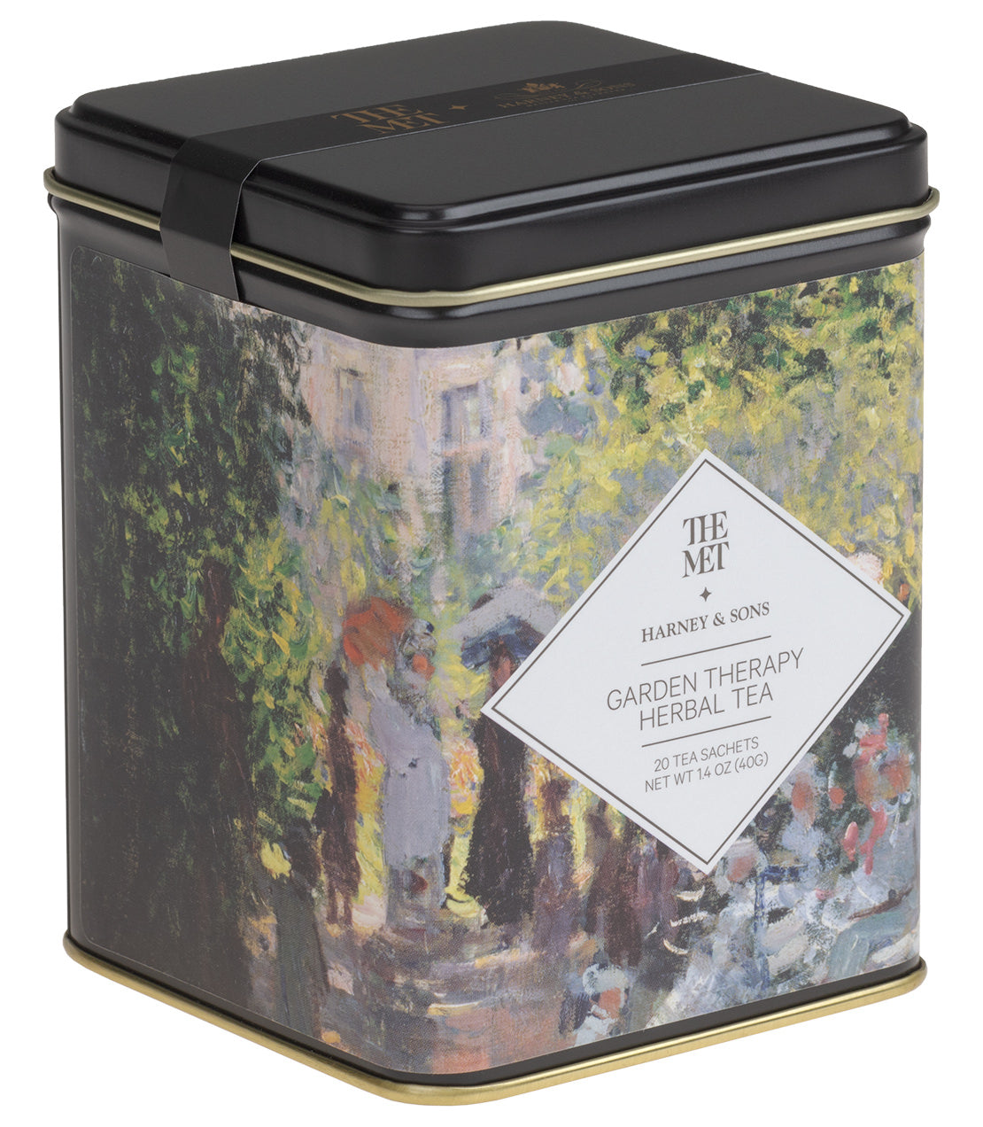 Black tin of Garden Therapy Herbal Tea by Harney & Sons, featuring 20 sachets and a decorative label.