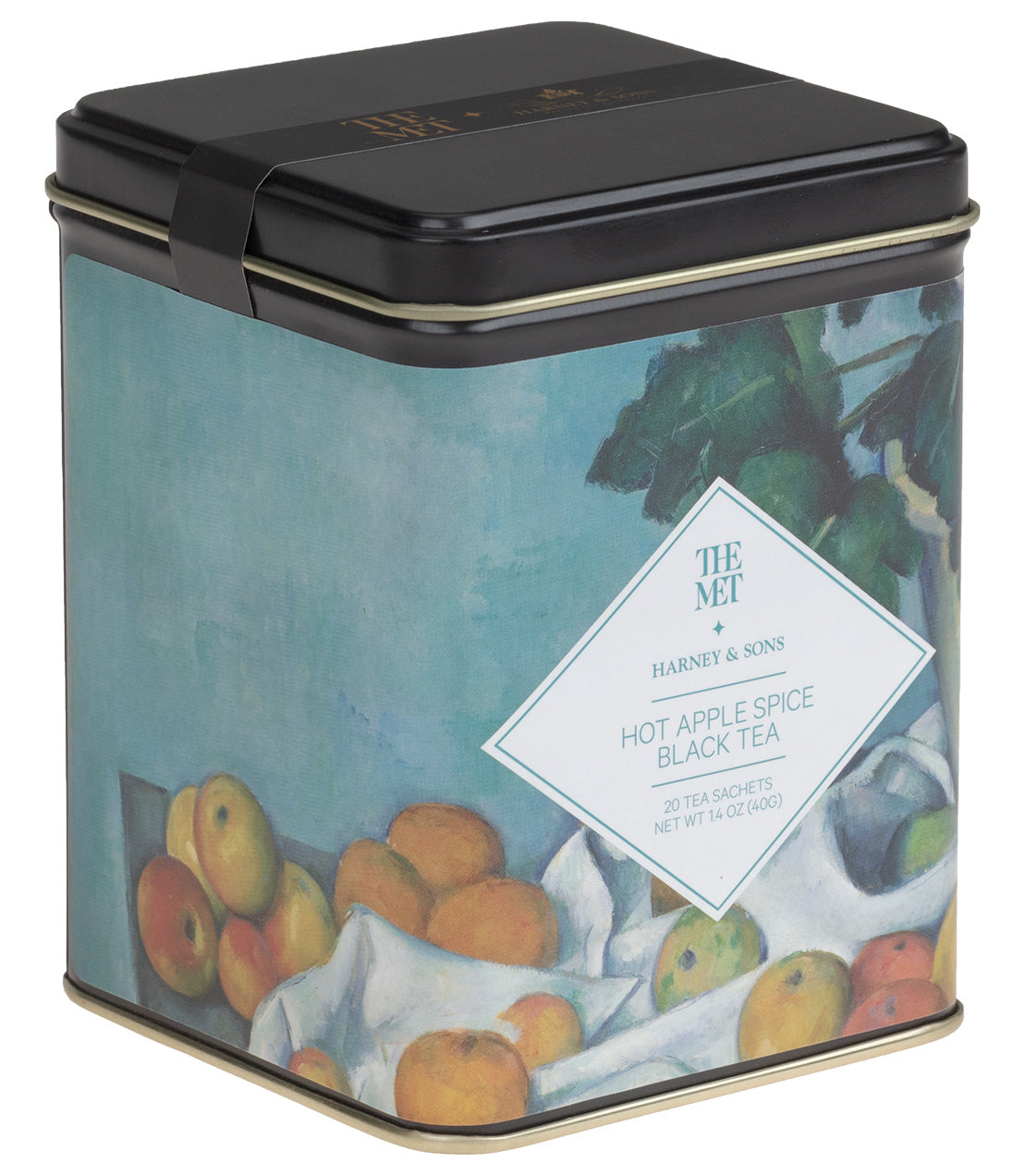 Tin of Hot Apple Spice Black Tea by Harney & Sons, featuring 20 sachets and a colorful fruit design.
