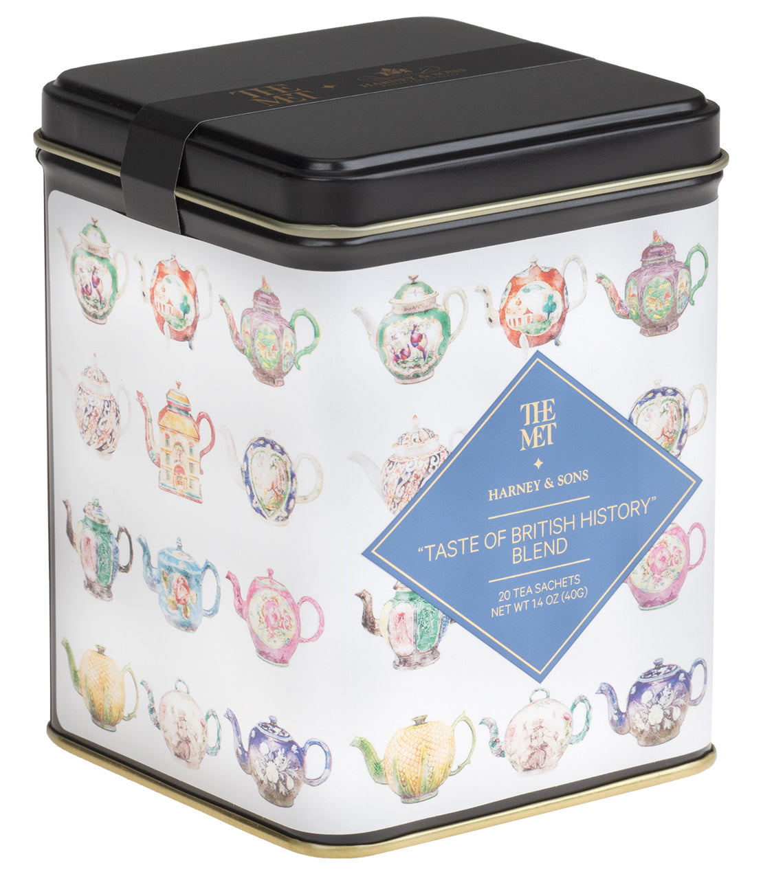 Decorative tin of "Taste of British History Blend" tea, featuring 20 sachets and illustrated teapot designs.