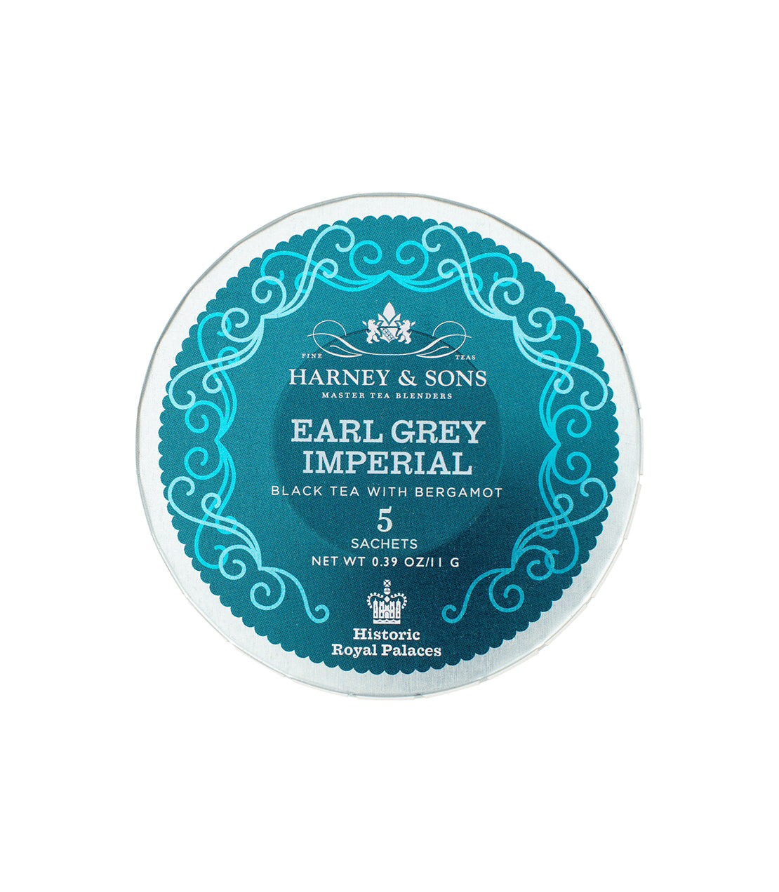 Earl Grey Imperial tea in a decorative tin, containing 5 sachets of black tea with bergamot.