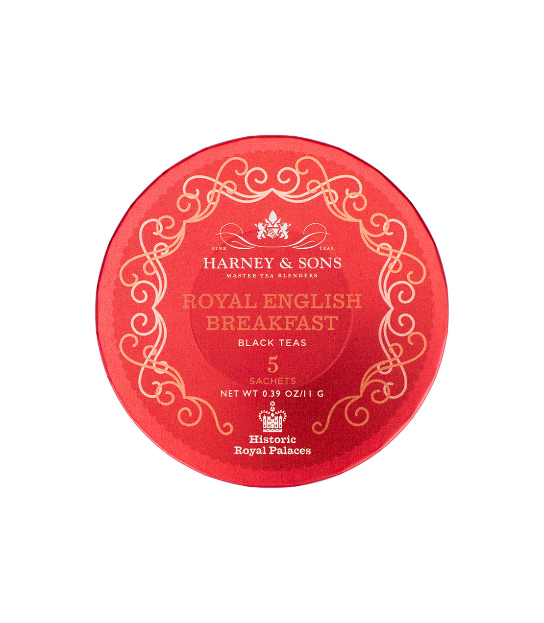 Red packaging of Harney & Sons Royal English Breakfast tea, featuring elegant gold design and text, containing 5 sachets.