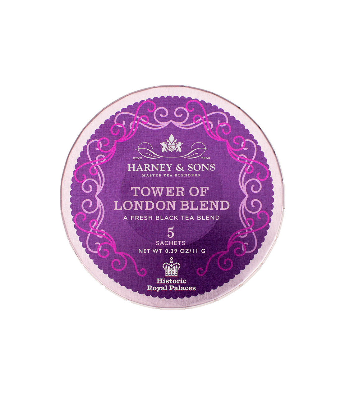"Harney & Sons Tower of London Blend tea in a decorative tin containing 5 sachets of black tea.