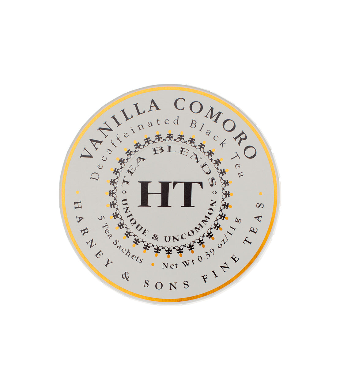 Decaf Vanilla Comoro tea blend by Harney & Sons, featuring a round label with elegant design and sachets.
