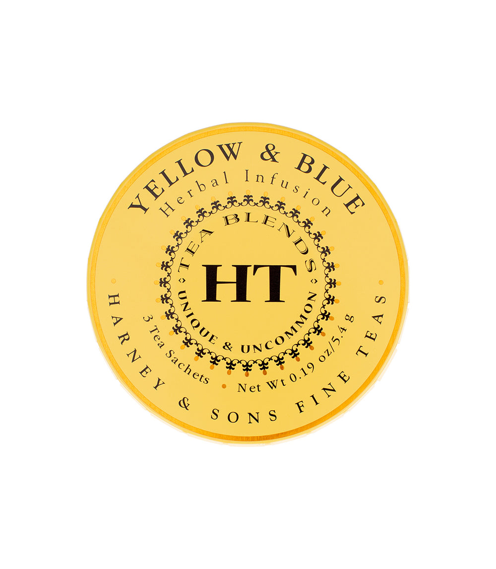 Yellow & Blue herbal infusion tea tin by Harney & Sons, featuring 3 sachets of unique blends.