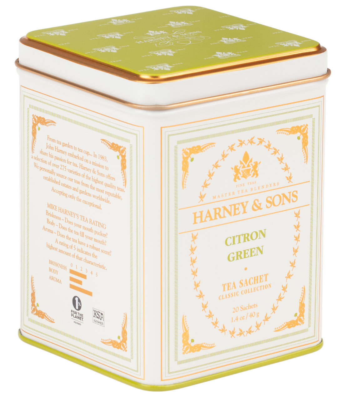 Harney & Sons Citron Green tea sachet tin, featuring a vibrant green and gold design, holds 20 tea sachets.