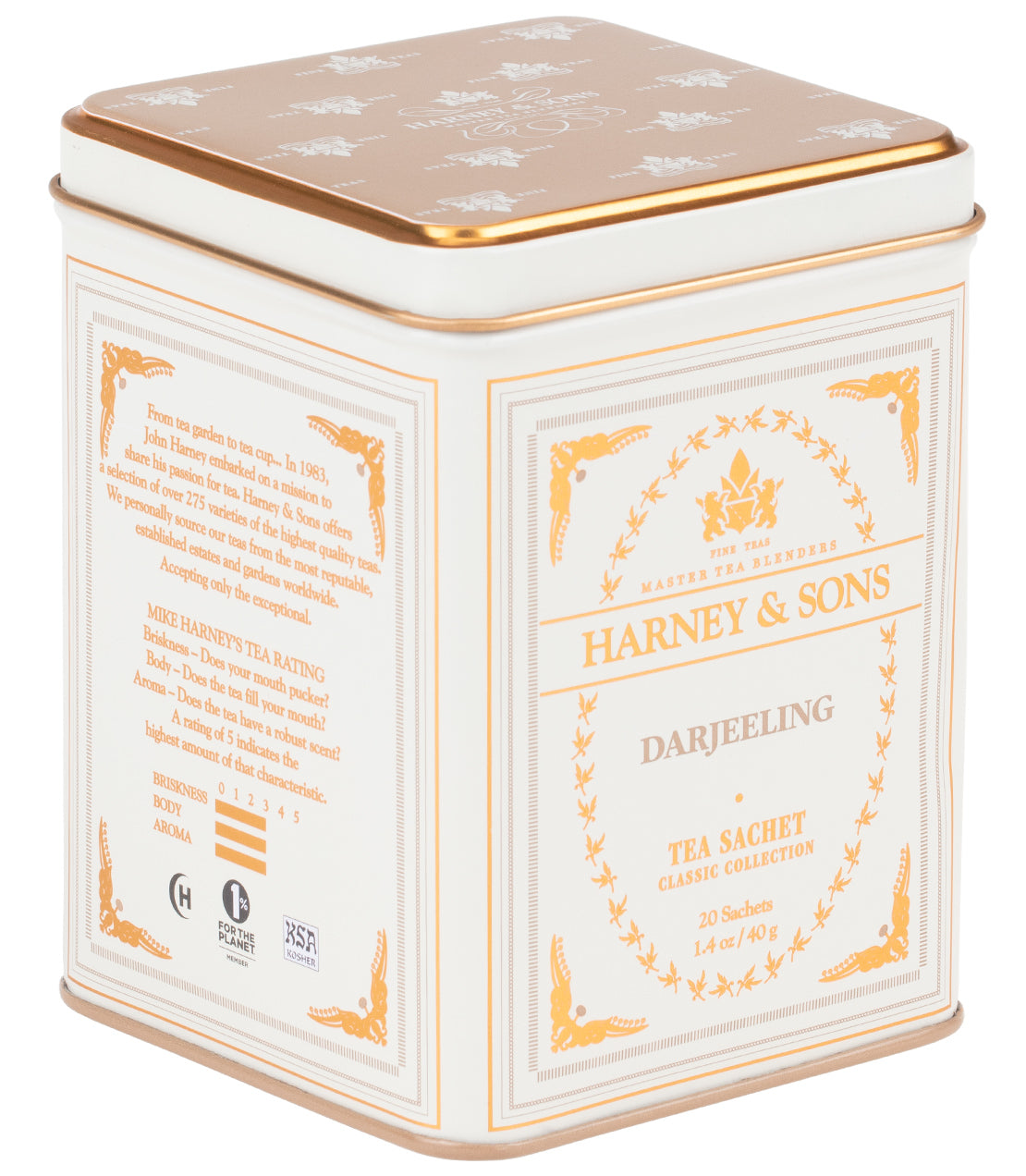 Elegant tin of Harney & Sons Darjeeling tea sachets, featuring 20 sachets in a classic design.