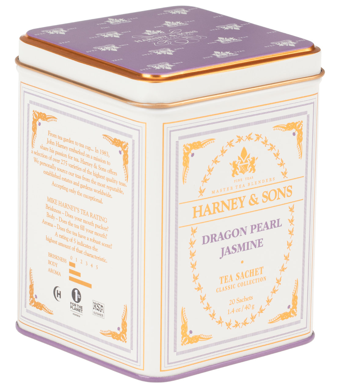 Harney & Sons Dragon Pearl Jasmine tea tin, featuring elegant design and 20 tea sachets inside.