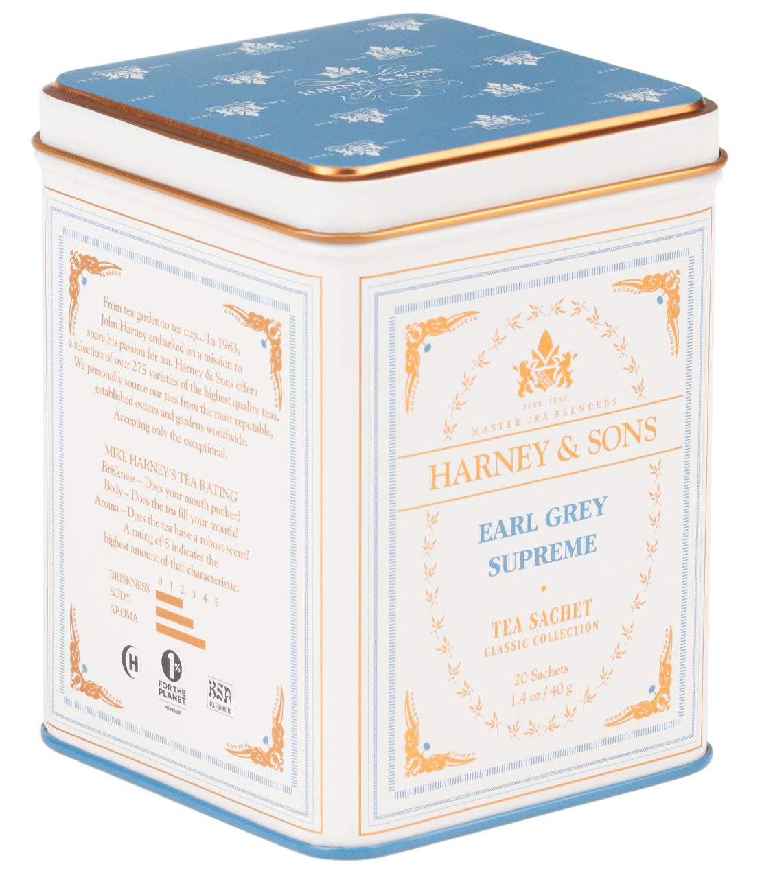 Harney & Sons Earl Grey Supreme tea tin, featuring a blue and white design, containing 20 tea sachets.