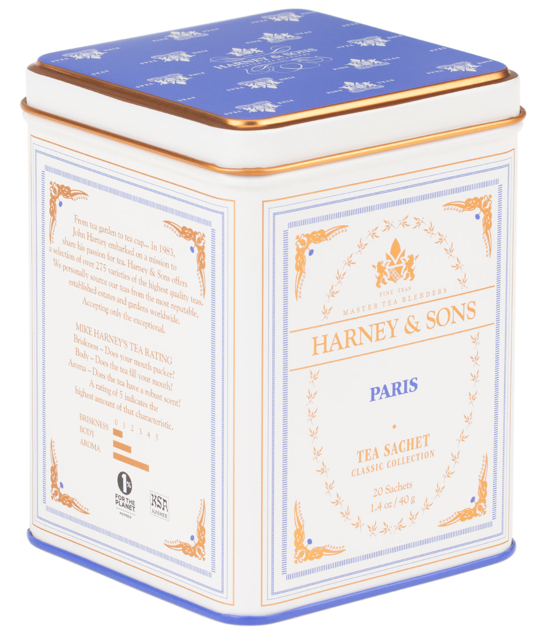 Classic tin of 20 Paris tea sachets by Harney & Sons, featuring elegant blue and white design.