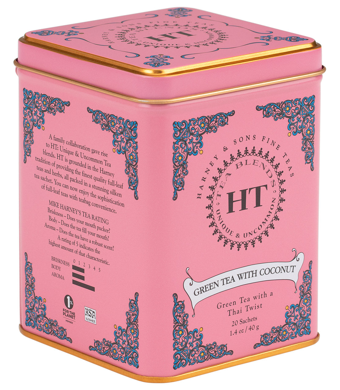 Pink tin of HT Green Tea with Coconut, containing 20 tea sachets, featuring a decorative design and product details.