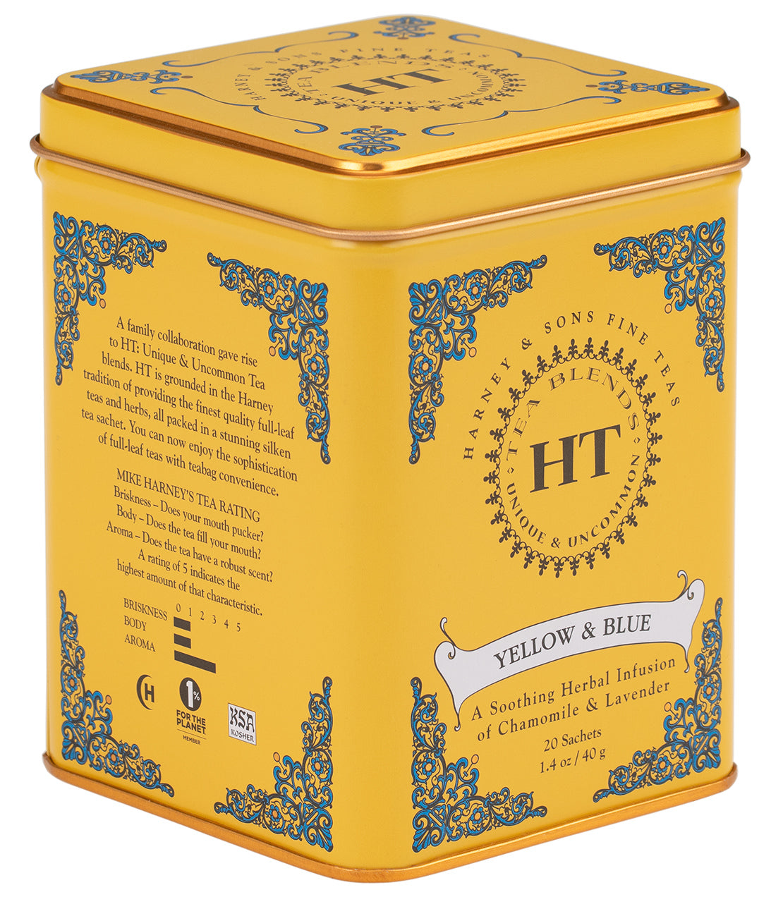 Yellow & Blue HT tin containing 20 sachets of chamomile and lavender herbal infusion tea.