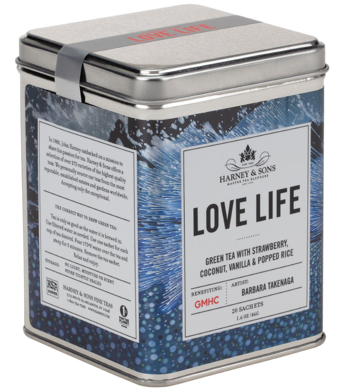 Harney & Sons "Love Life" tin containing 20 sachets of green tea with strawberry, coconut, vanilla, and popped rice.
