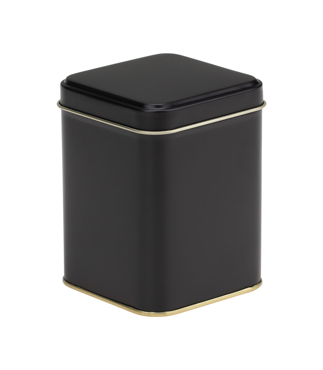 Harney & Sons 4 oz black empty tea tin with a sleek design and gold trim, perfect for storage.