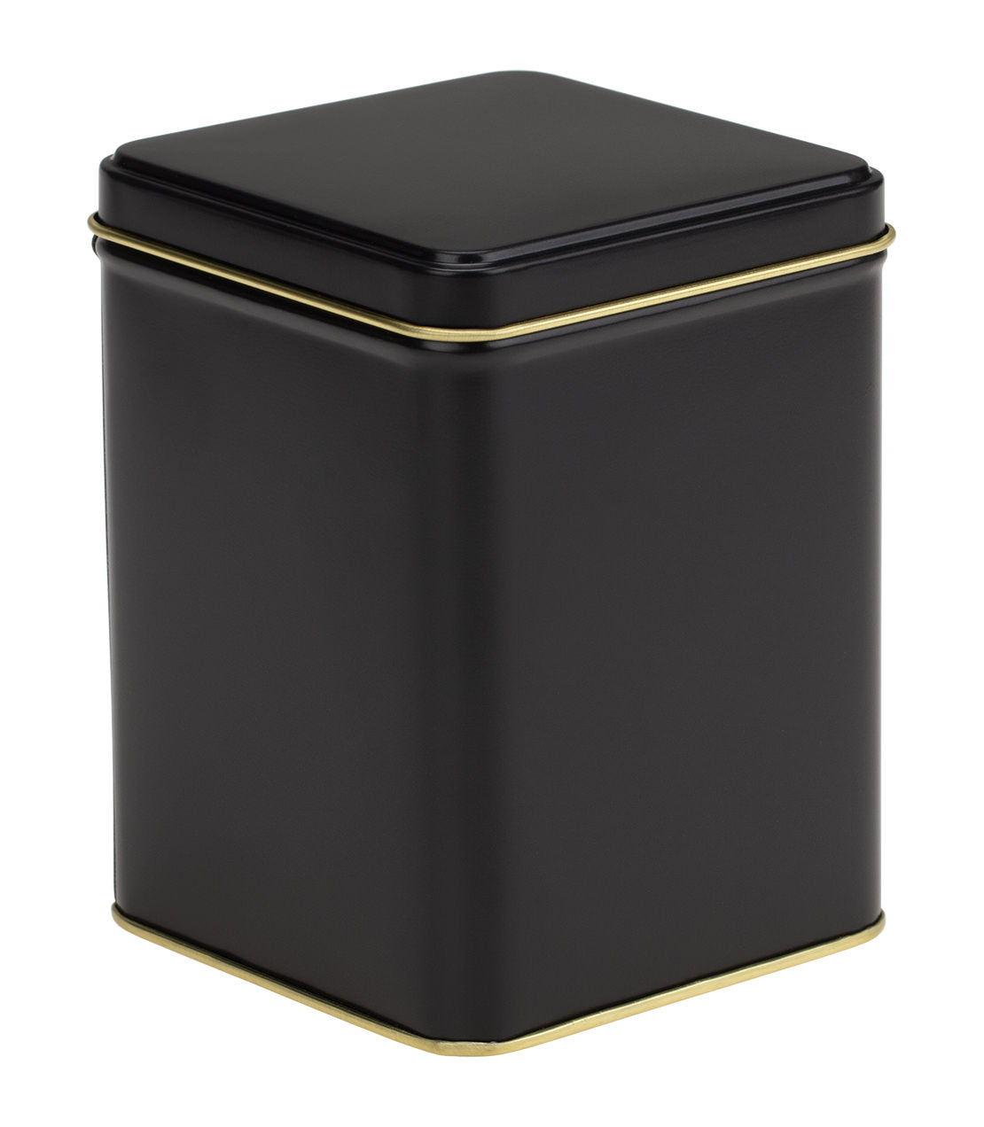 Black empty tea tin from Harney & Sons, 8 oz, featuring a sleek design with a gold trim. Perfect for storage.