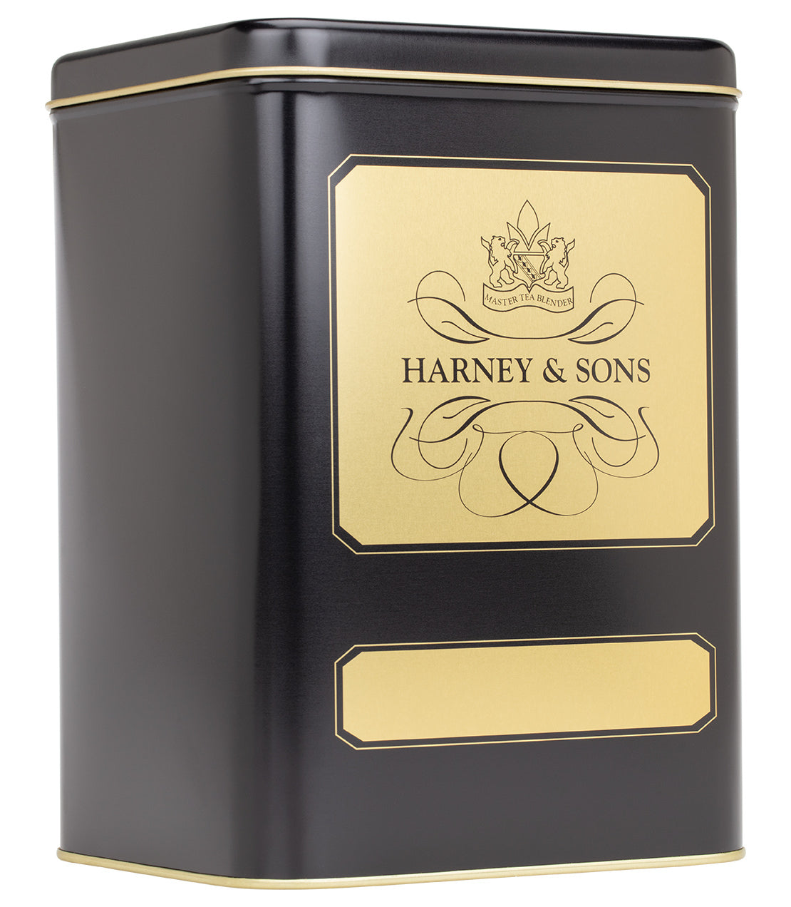 Harney & Sons 3 lb black empty tea tin with gold accents and a decorative label design.