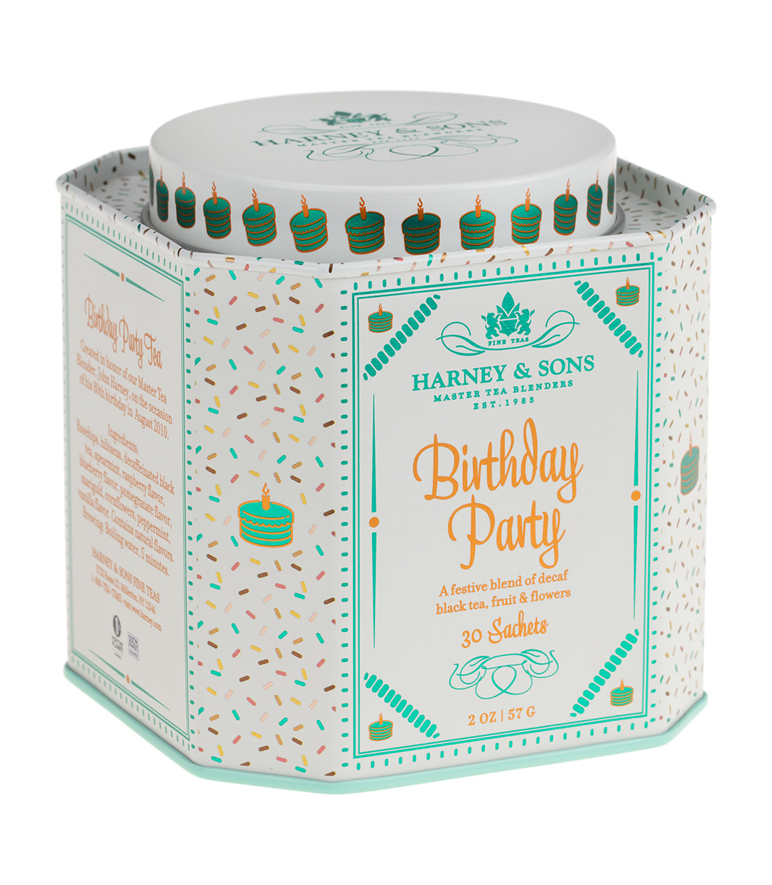 Harney & Sons Birthday Party tea tin with 30 sachets, featuring festive design and colorful birthday cake graphics.