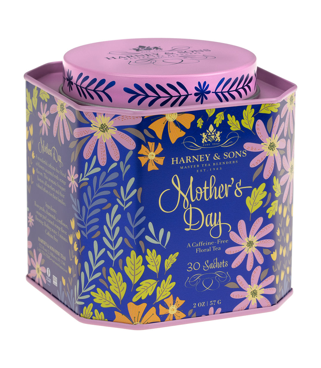 Hexagonal tin of 30 sachets of Mother's Day floral tea by Harney & Sons, featuring vibrant floral design.