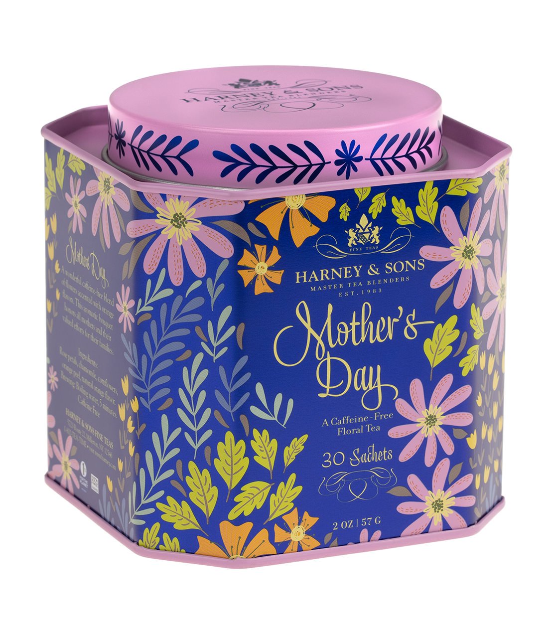 Hexagonal tin of Harney & Sons Mother's Day floral tea, featuring vibrant flowers and a pink lid, contains 30 sachets.