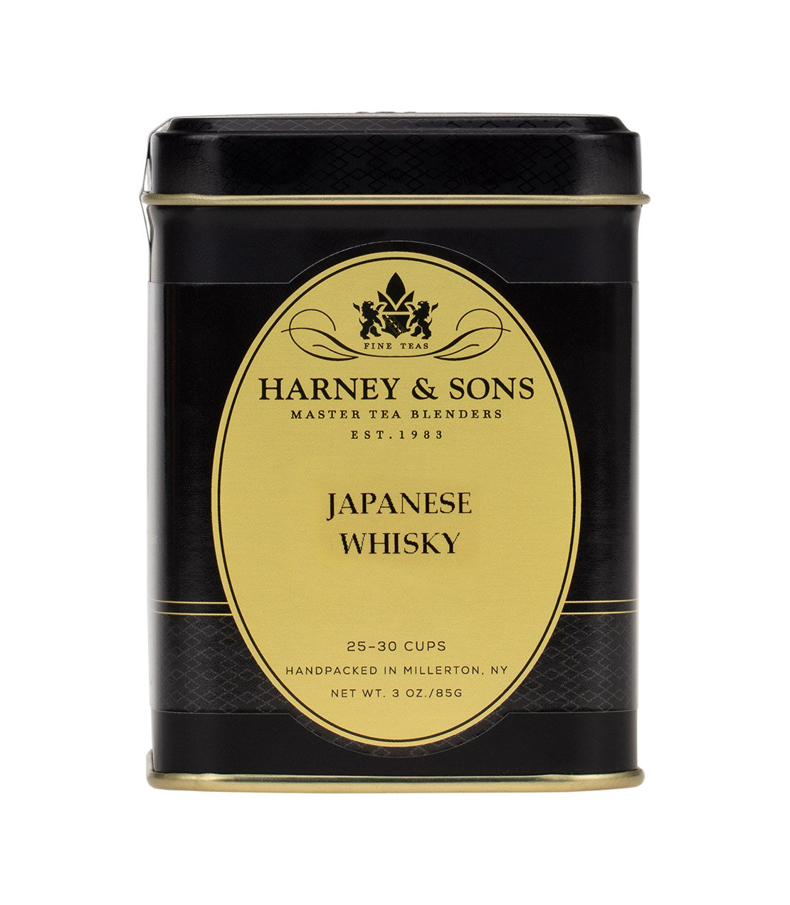 Black tin container of Harney & Sons Japanese Whisky tea, labeled for 25-30 cups, 3 oz/85g.