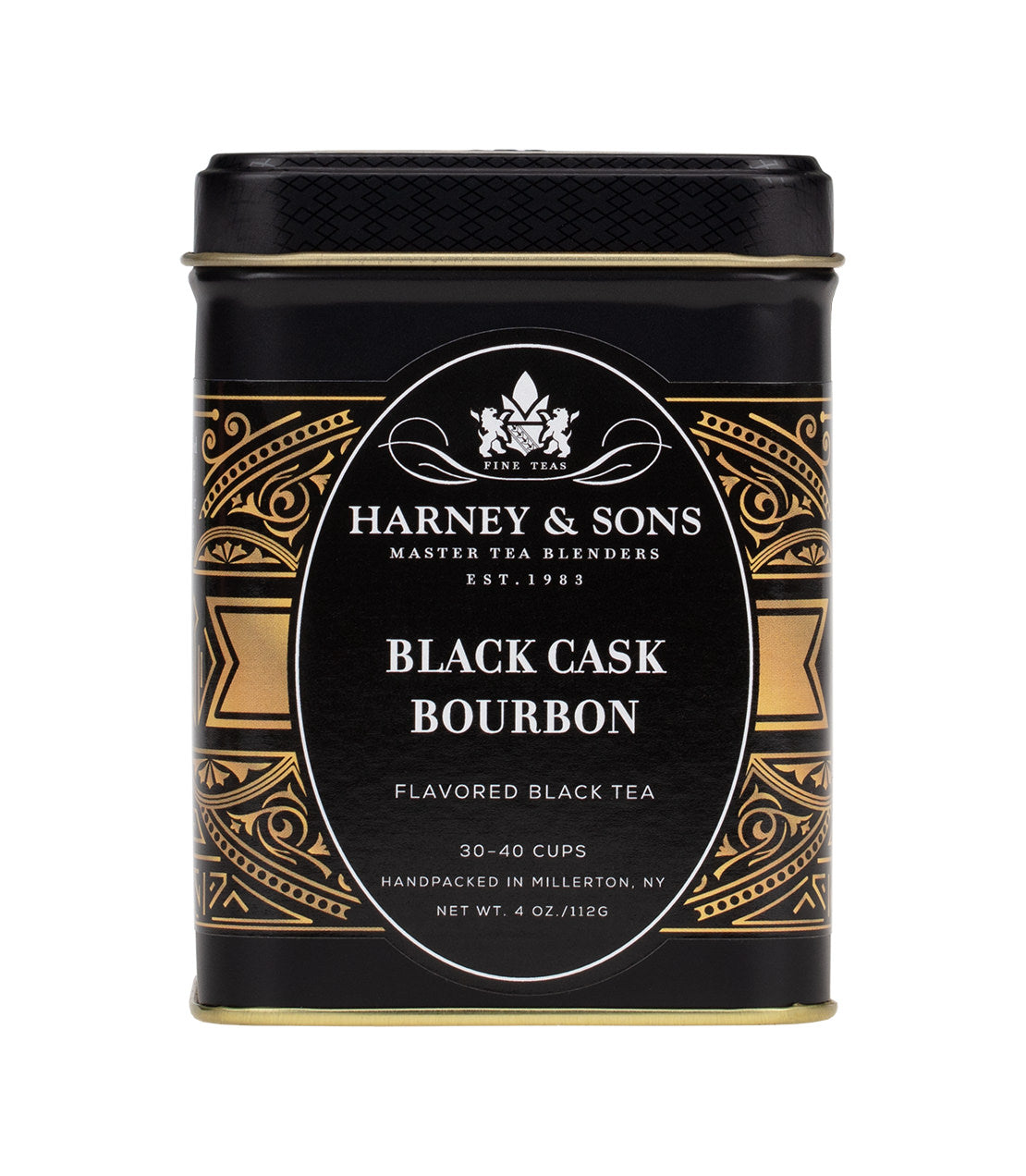 Black Cask Bourbon flavored black tea tin by Harney & Sons, 4 oz, featuring elegant gold and black design.