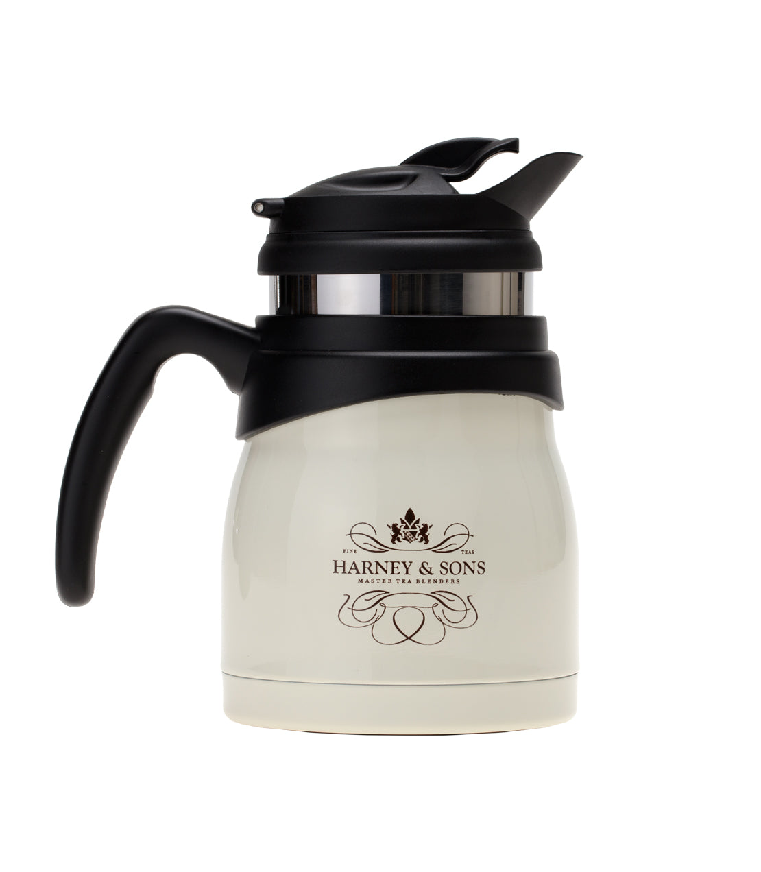 Harney & Sons Travette Tea Maker in white and black, featuring a sleek design and logo for brewing tea.