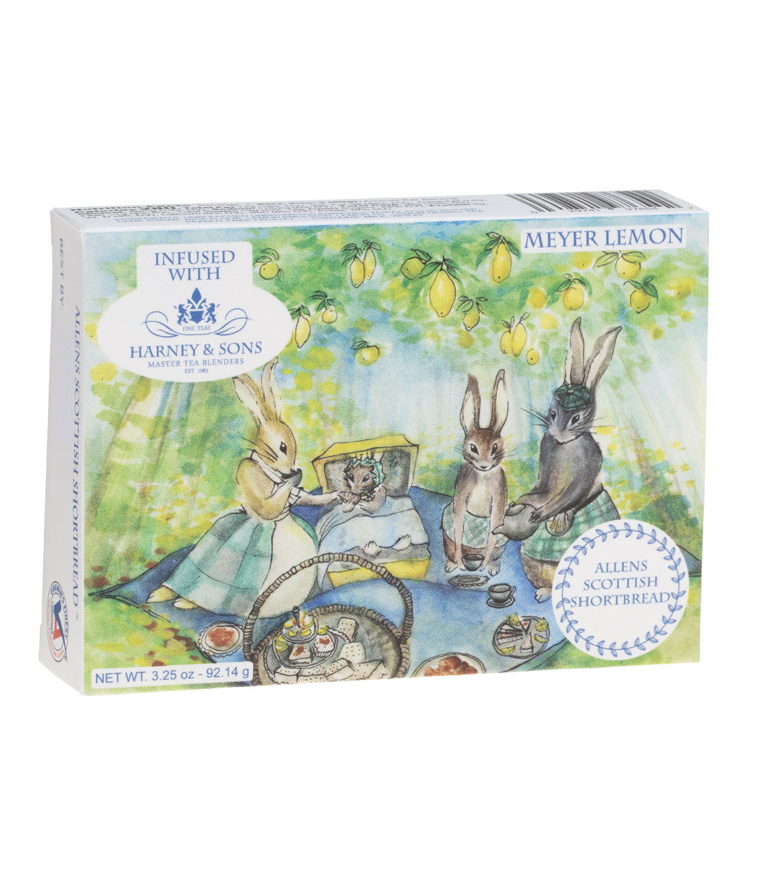 Allens Scottish Shortbread box featuring assorted flavors, illustrated with rabbits enjoying tea in a garden.