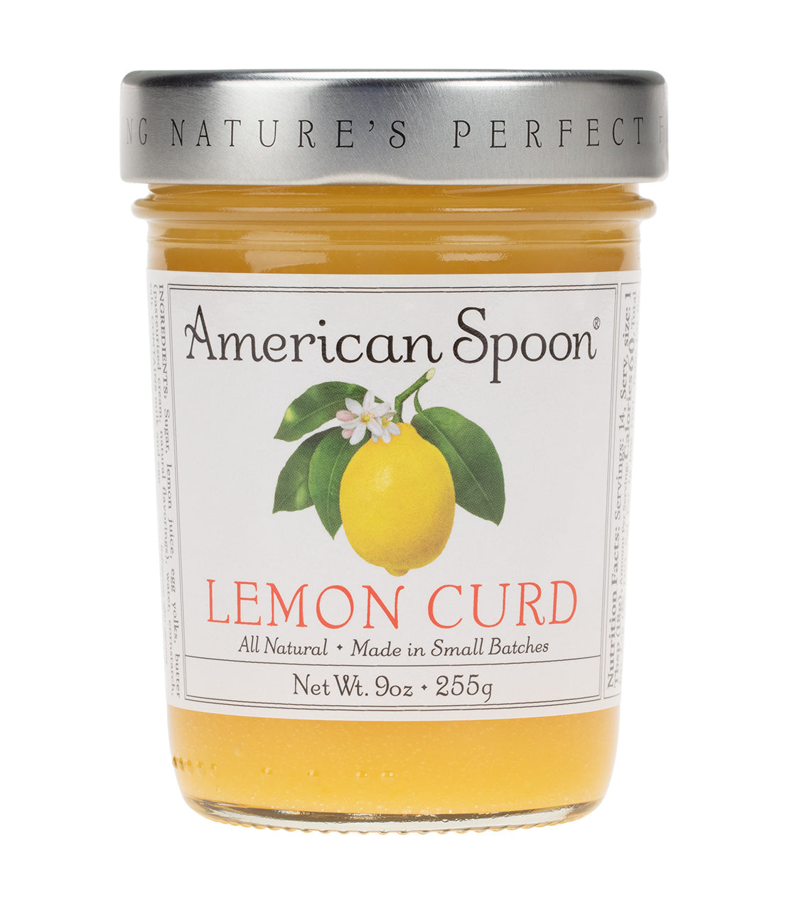 Jar of American Spoon Lemon Curd, all-natural, 9 oz, featuring a lemon illustration and floral design.