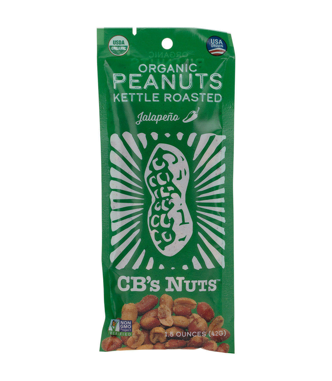 Green packaging of organic kettle roasted peanuts in jalapeño flavor, featuring a peanut illustration and brand name.