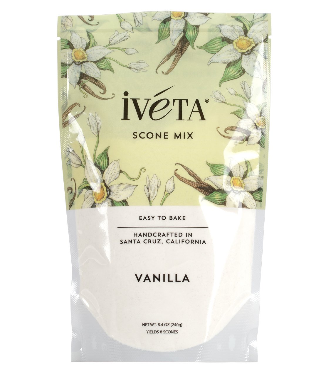 Ivéta Scone Mix in Vanilla flavor, 8.4 oz package, featuring floral design and "Easy to Bake" label.