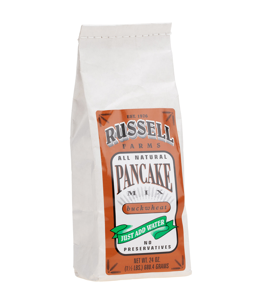 Russell Farms all-natural pancake mix bag, 24 oz, featuring a "just add water" label and no preservatives.