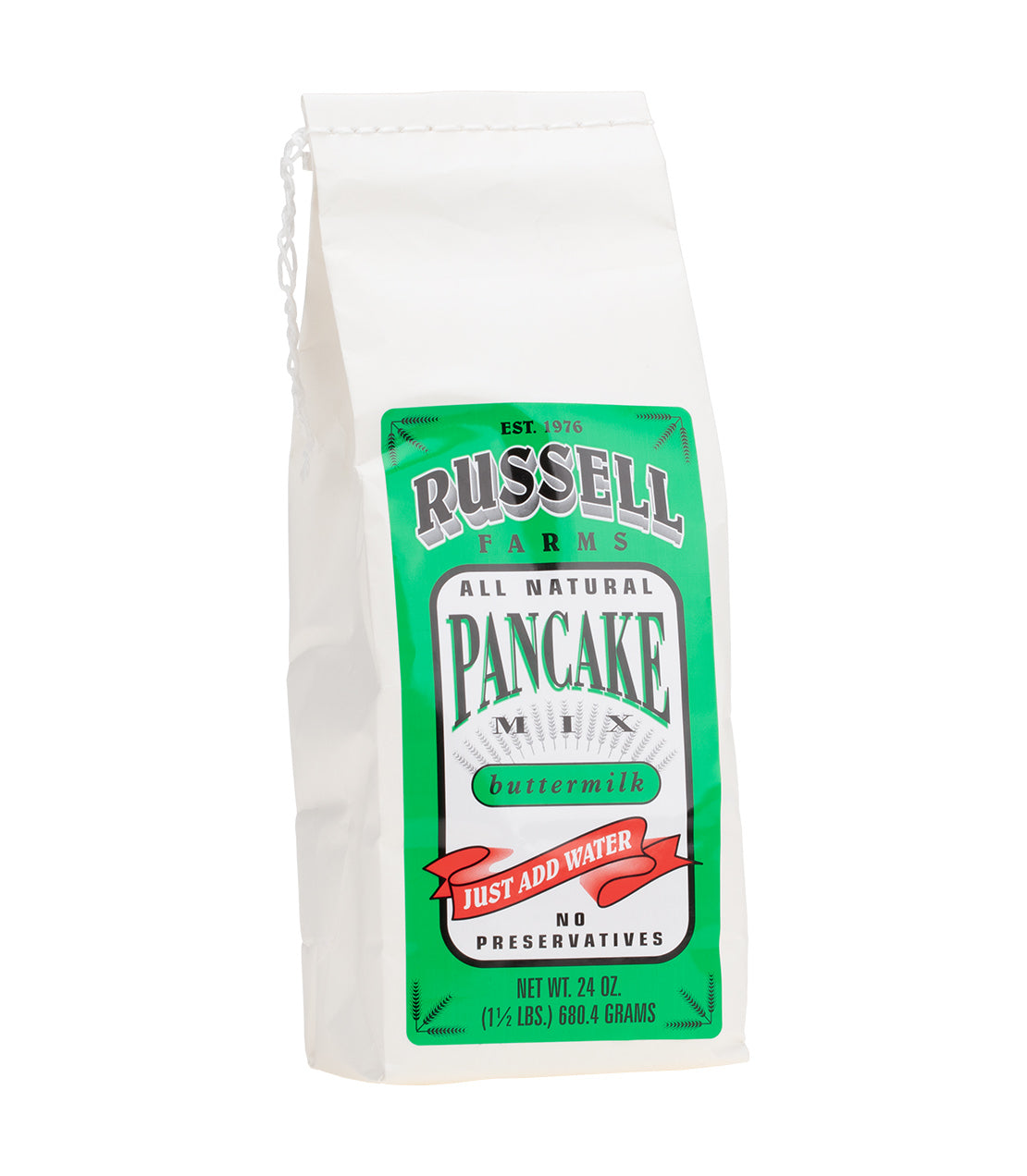 Russell Farms Buttermilk Pancake Mix bag, 24 oz, all-natural, just add water, no preservatives.
