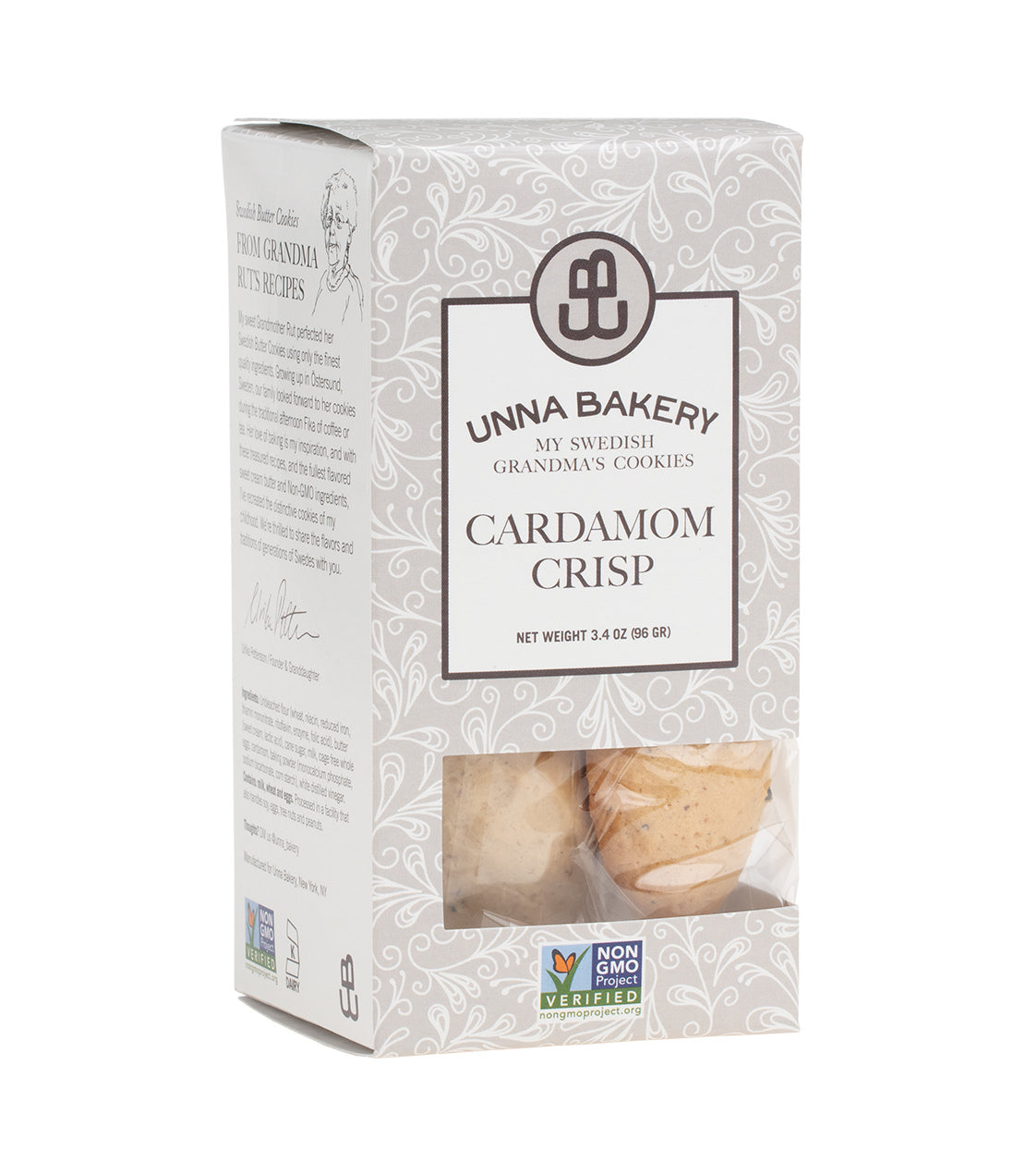 Unna Bakery Cardamom Crisp cookies packaging, featuring a decorative box with a window showcasing the cookies.