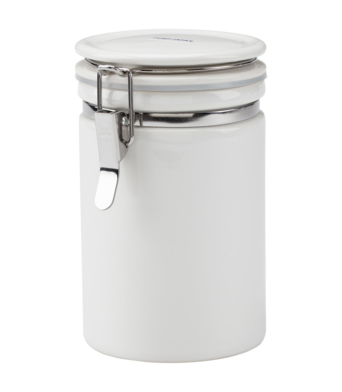 White ceramic tea canister with a secure metal clasp lid, ideal for storing tea leaves and maintaining freshness.
