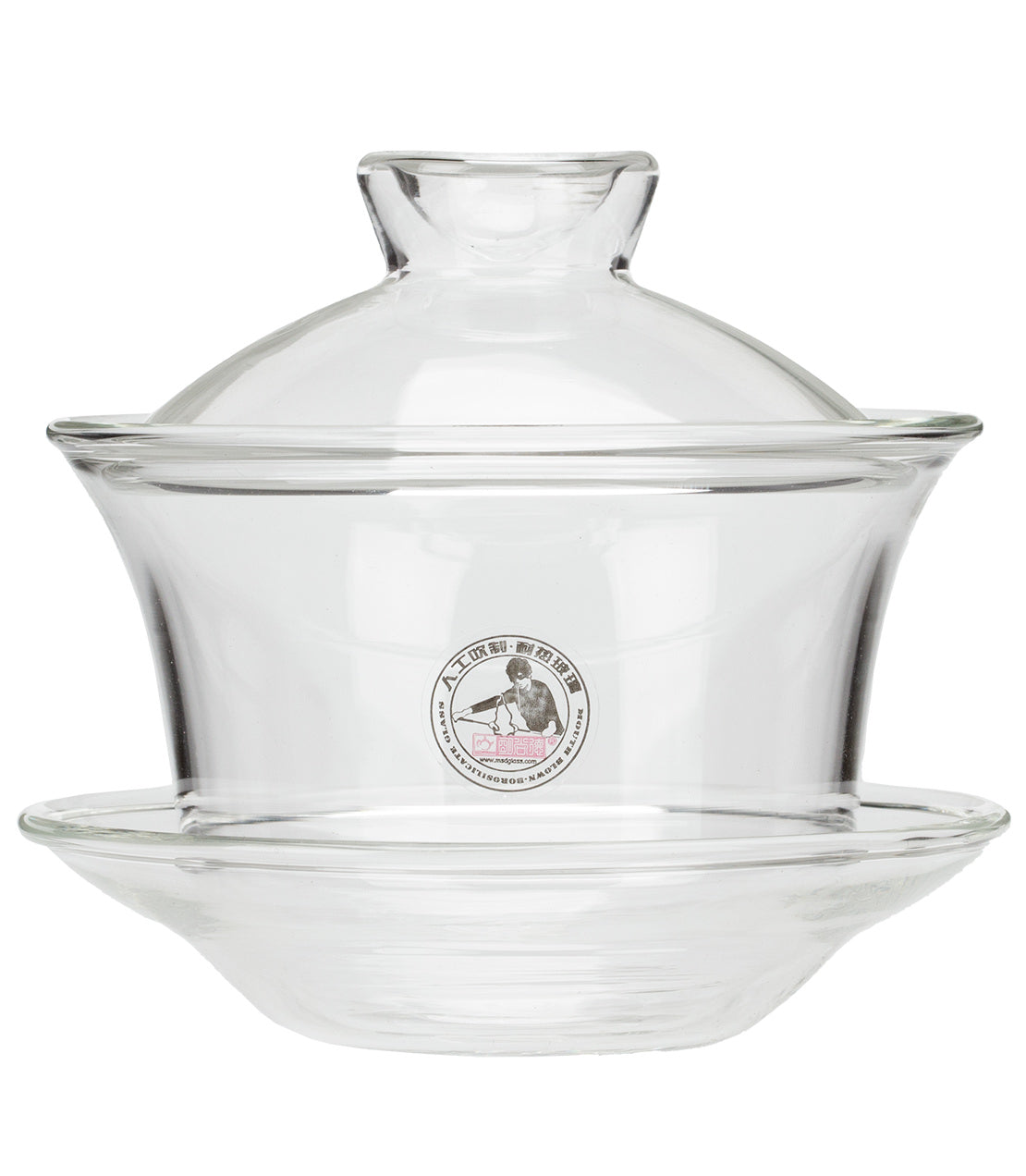 Clear glass gaiwan with a lid and saucer, featuring a traditional design for brewing tea. Assorted styles available.