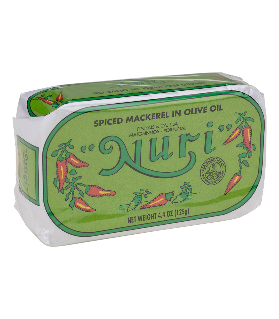 Canned spiced mackerel in olive oil from Portugalia Market, featuring a vibrant green label with red peppers.