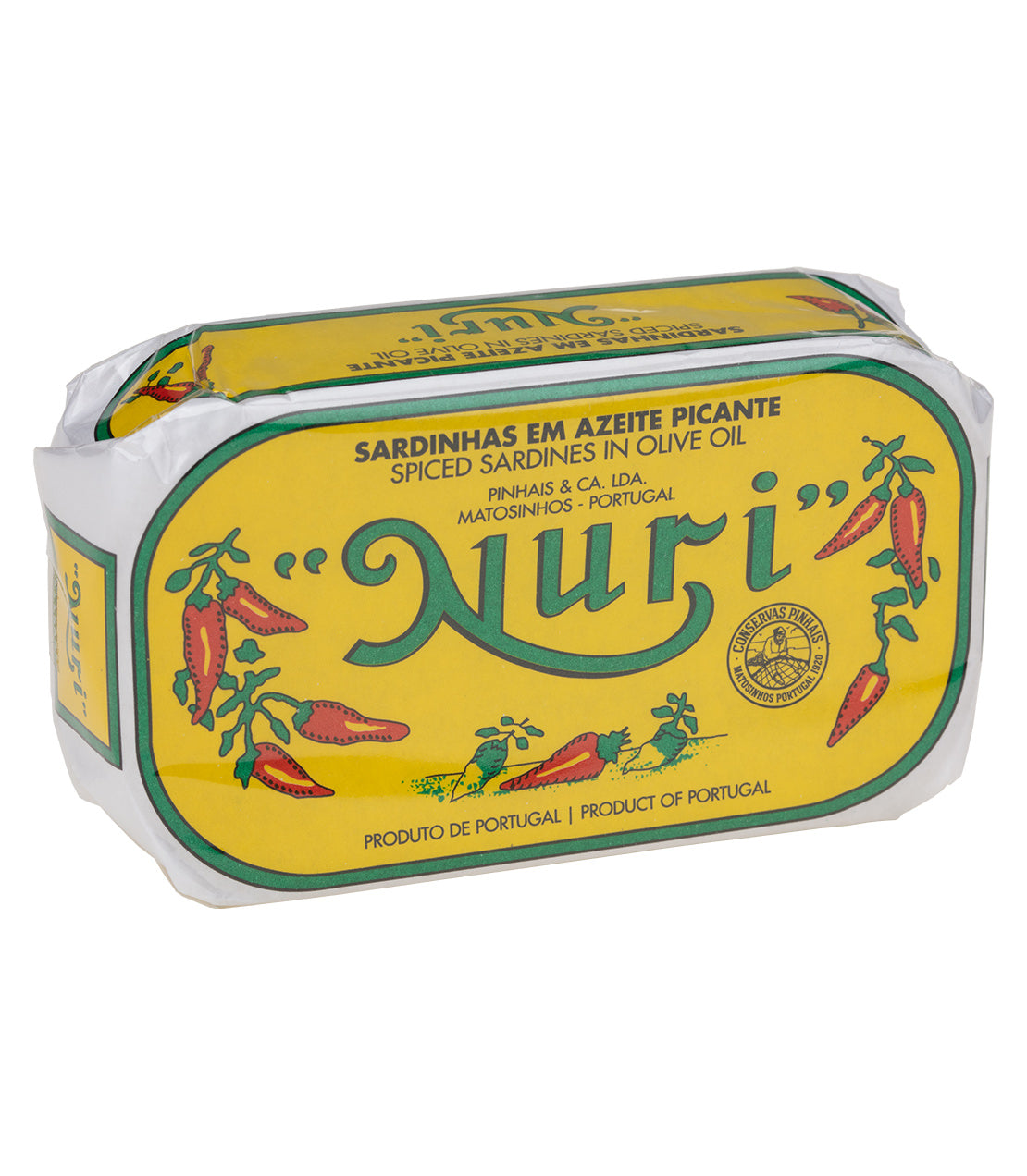 Portugalia Market canned fish featuring spiced sardines in olive oil, packaged in a vibrant yellow label.