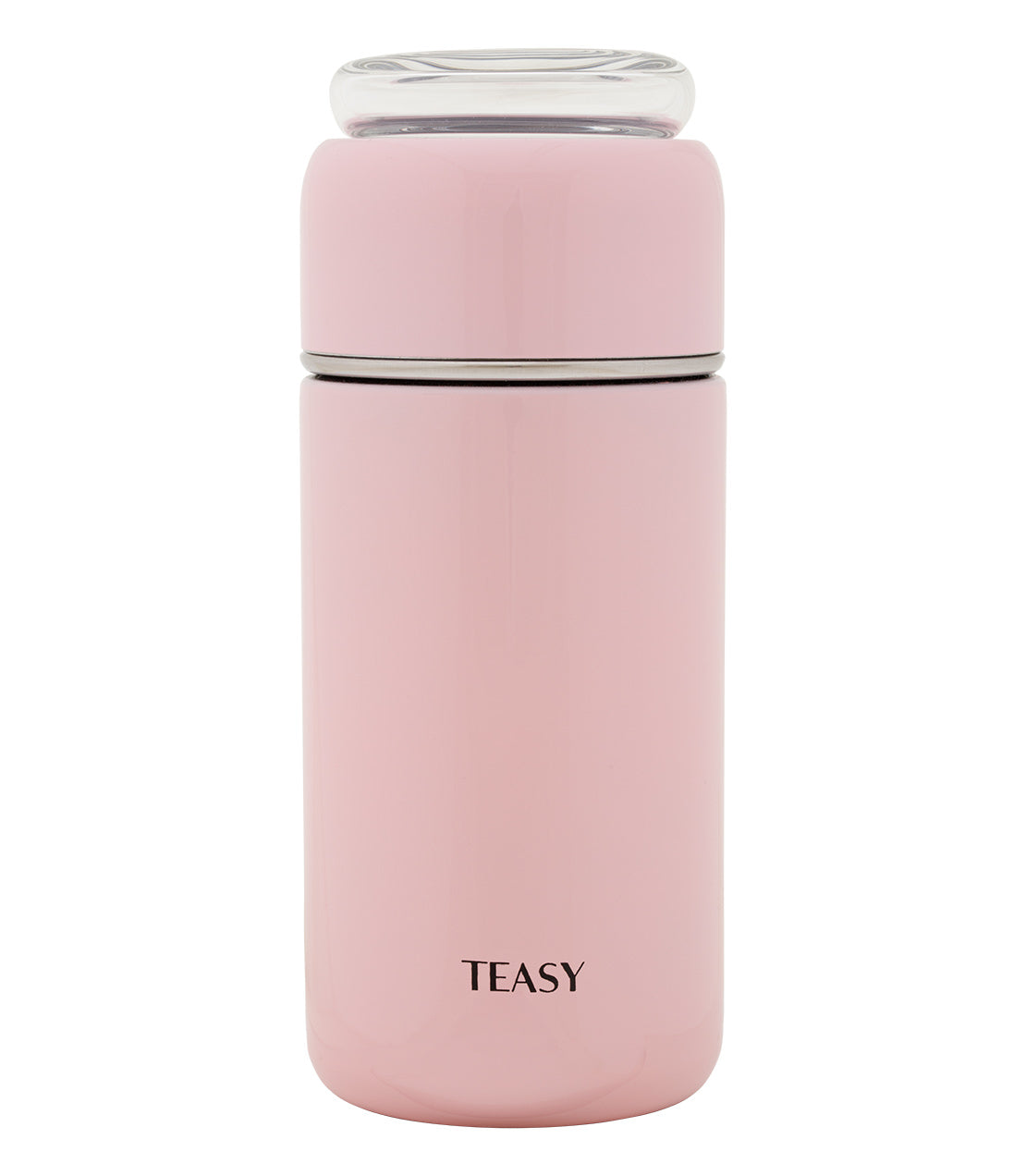 Teasy insulated flask in pink, featuring a sleek design and a clear lid, perfect for keeping beverages hot or cold.