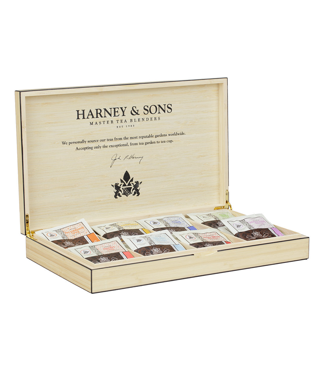 Bamboo tea chest by Harney & Sons, featuring eight wrapped tea sachets in a beautifully crafted wooden box.