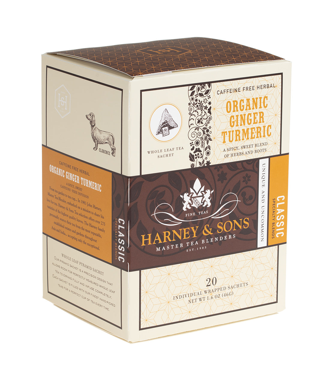 Box of 20 individually wrapped organic ginger turmeric tea sachets, featuring a classic design and herbal blend.