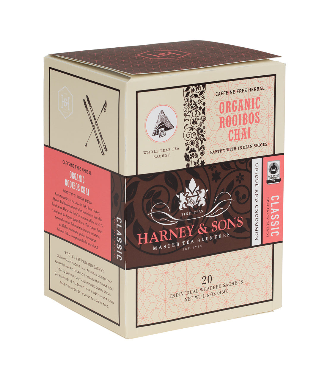 Organic Rooibos Chai tea box by Harney & Sons, featuring 20 individual wrapped sachets, caffeine-free herbal blend.