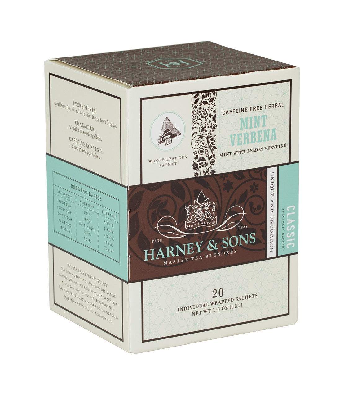 Box of Harney & Sons Mint Verbena herbal tea, featuring 20 individual sachets and a decorative design.