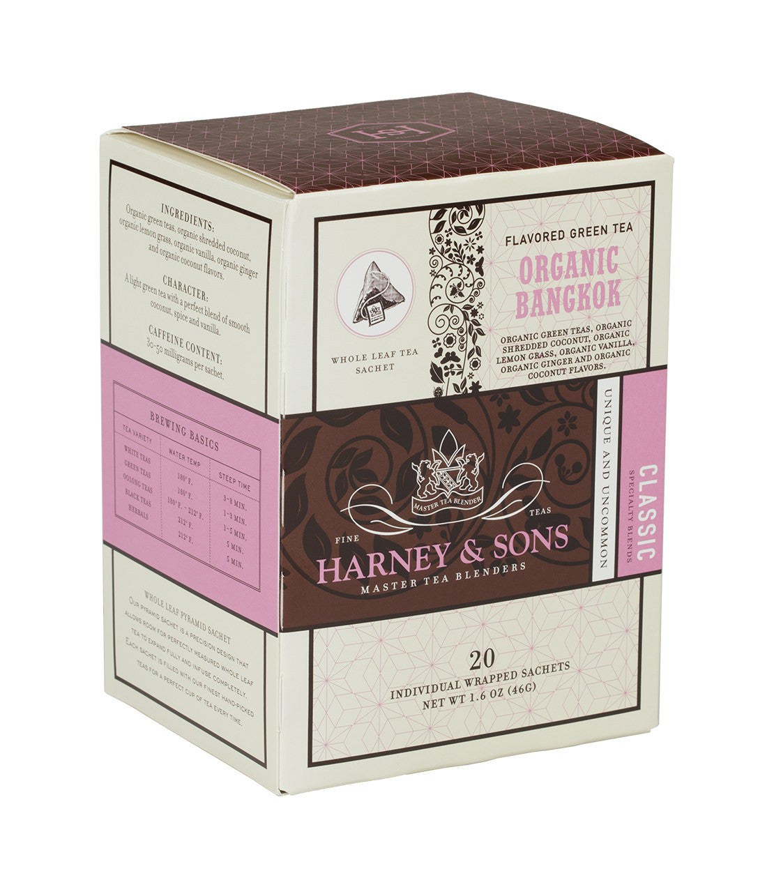 Box of 20 individually wrapped Organic Bangkok green tea sachets by Harney & Sons, featuring unique flavors.